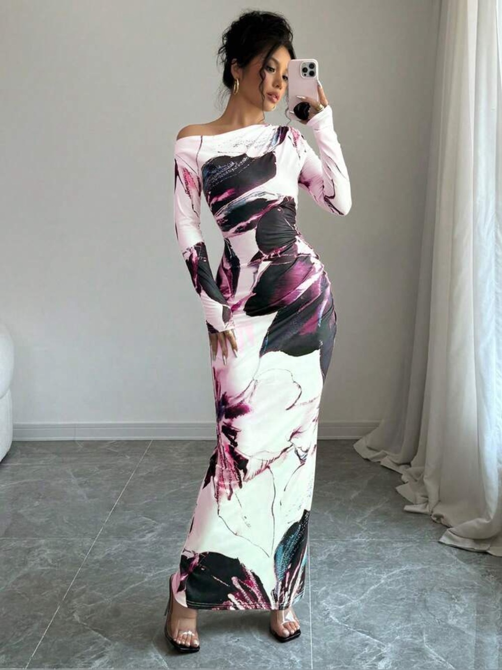 Off-Shoulder Pink Abstract Print Maxi Dress size S